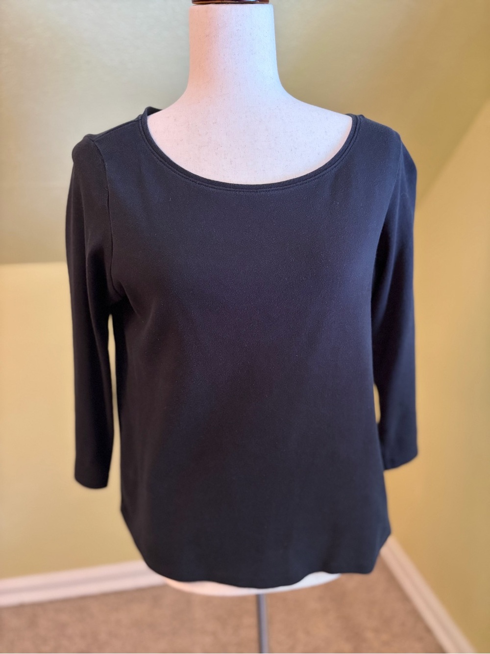 Eileen Fisher Organic Cotton Black Scoop Neck 3/4 Sleeve Top